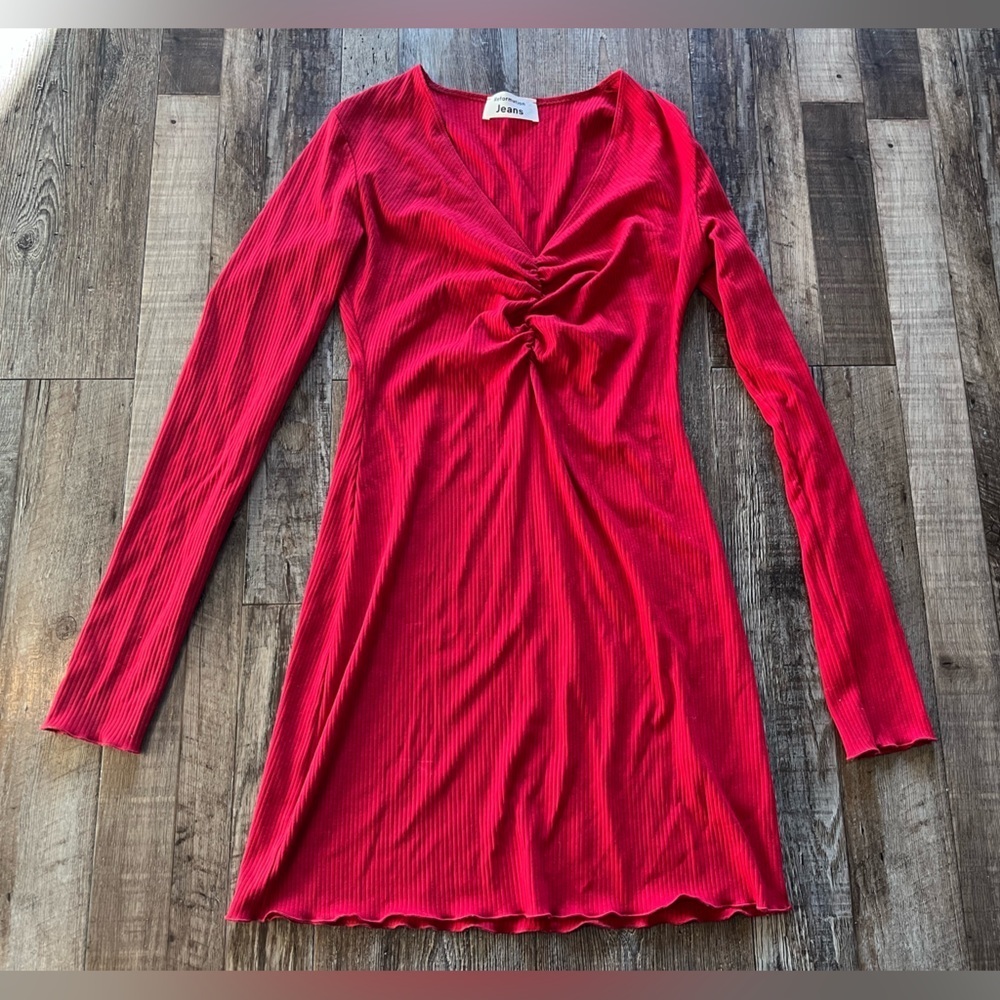 Reformation Jeans Jennie Ribbed Long Sleeve Lettuce Hem Mini Dress Red Medium - Picture 2 of 6